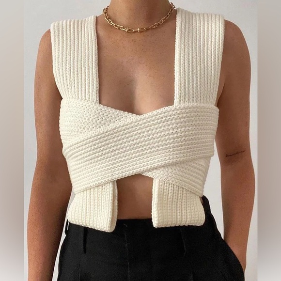 Simonett Tops - Simonett Cream Ribbed Knit Wrap Crop Top